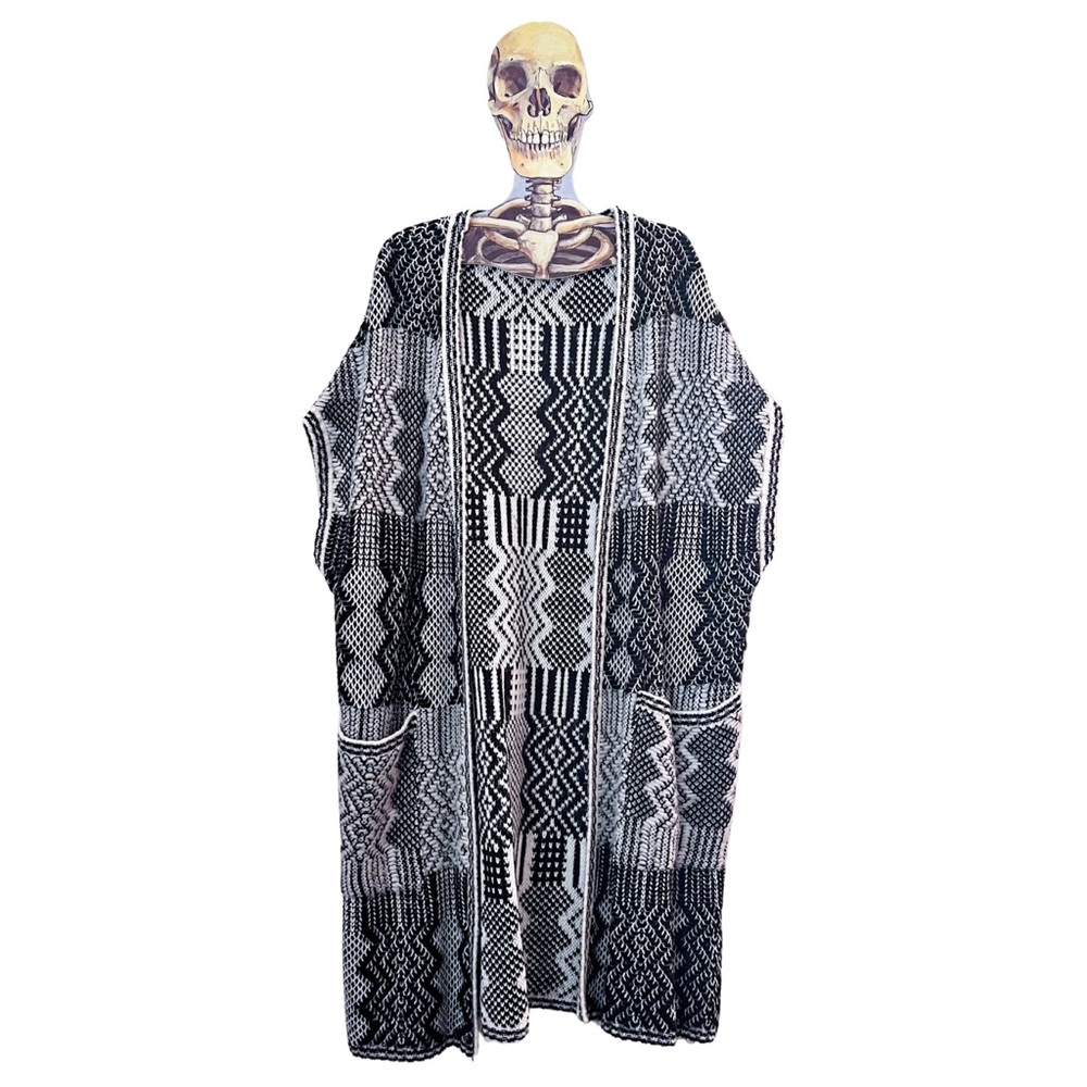 EUC ☕️ ASOS long knit cardigan / cape in black and white pattern. - Picture 2 of 10